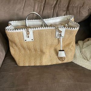Authentic Michael Kors Tan White Rosalie Straw Tote Bag COA Included
